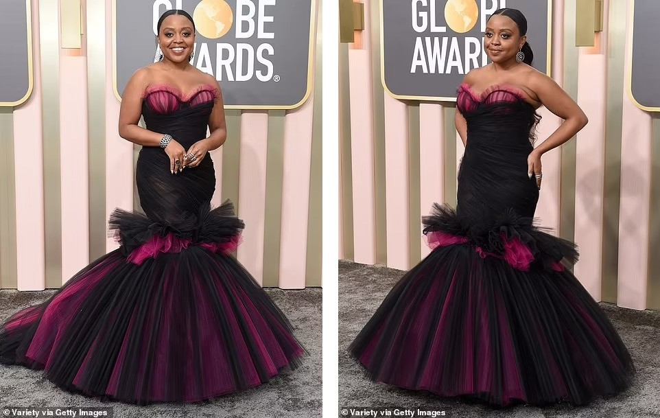 Ngôi sao Abbott Elementary Quinta Brunson diện chiếc váy vải tuyn màu hồng và đen. Cô bị chê chọn trang phục sặc sỡ, lòe loẹt. Ảnh: Getty Images. Ngôi sao Abbott Elementary Quinta Brunson diện chiếc váy vải tuyn màu hồng và đen. Cô bị chê chọn trang phục sặc sỡ, lòe loẹt. Ảnh: Getty Images.