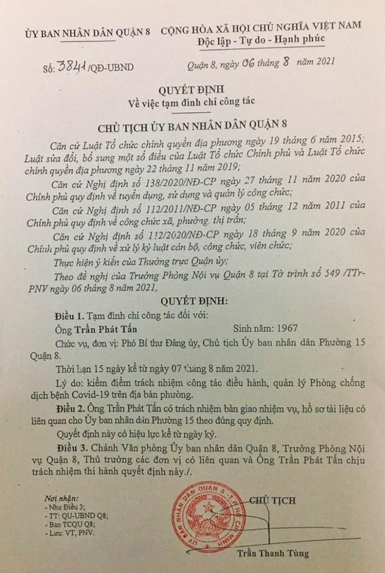 Quyết định đình chỉ công tác Chủ tịch UBND phường 15, quận 8 Quyết định đình chỉ công tác Chủ tịch UBND phường 15, quận 8