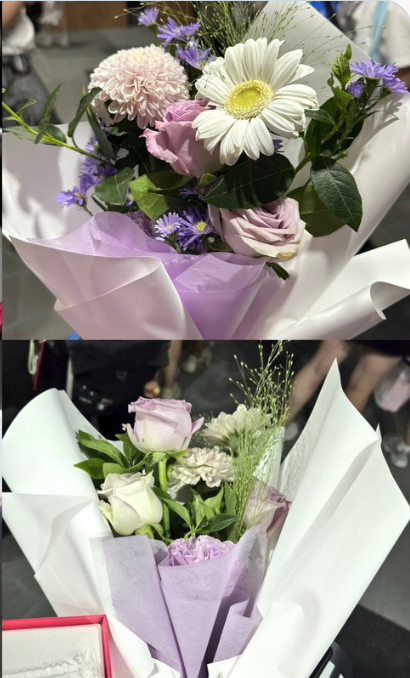 Bên cạnh những món quà khi tham gia hoạt động ngoài trời, Jin còn chuẩn bị những bó hoa tím khác nhau để dành tặng fan.