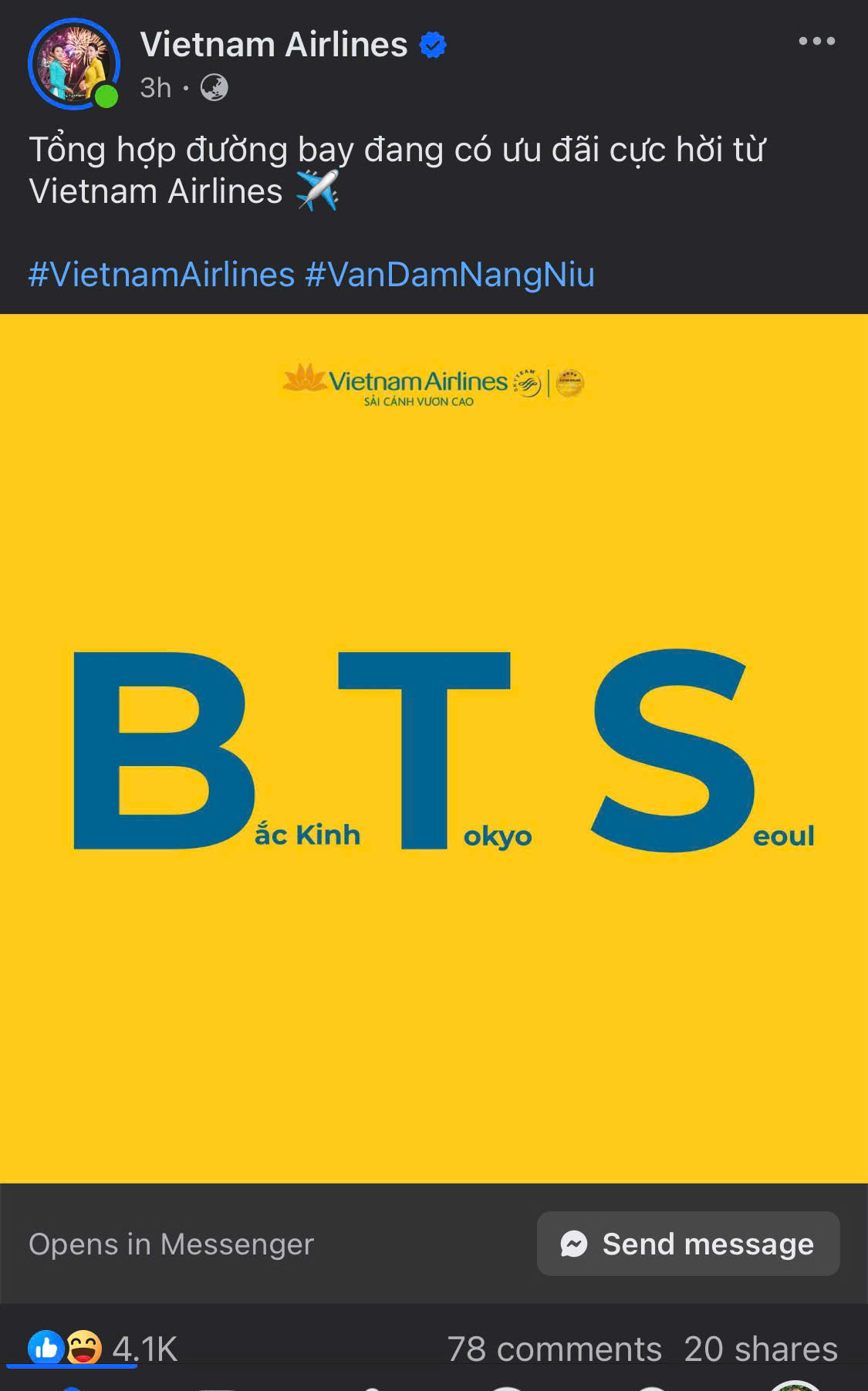 Ngay cả trang lớn như Vietnam Airlines cũng không nằm ngoài "vùng phủ sóng" từ ảnh hưởng của BTS khiến cư dân mạng cười ngất. Ngay cả trang lớn như Vietnam Airlines cũng không nằm ngoài "vùng phủ sóng" từ ảnh hưởng của BTS khiến cư dân mạng cười ngất.