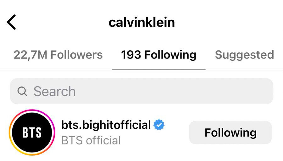 Hay gần đây nhất, vì Jung Kook không còn sử dụng Instagram do đó Calvin Klein đã follow tài khoản chính thức của BTS. Hay gần đây nhất, vì Jung Kook không còn sử dụng Instagram do đó Calvin Klein đã follow tài khoản chính thức của BTS.