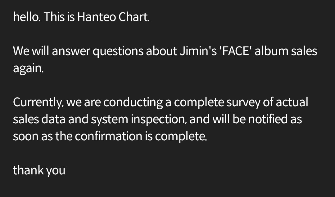 Hanteo thông báo sẽ sớm đưa ra kết quả sau khi hoàn tất kiểm tra những trục trặc xảy ra trong trang web gây ảnh hưởng đến doanh số.