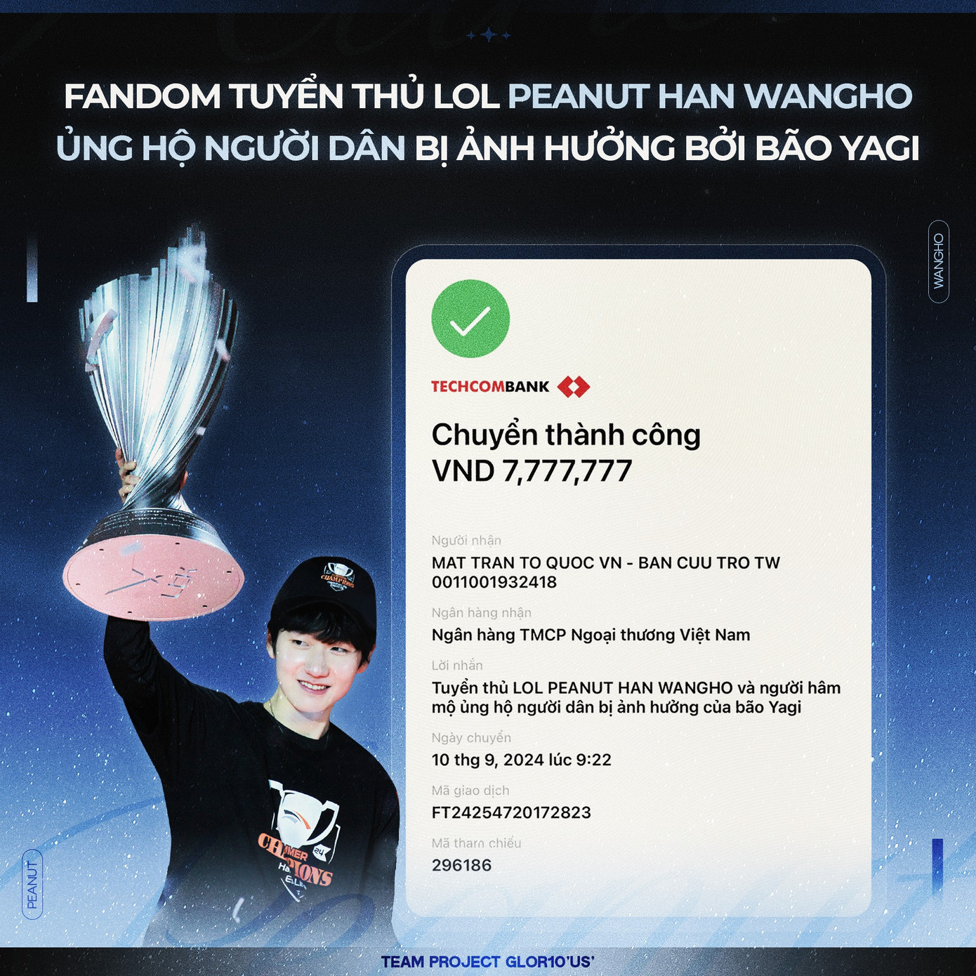 Fandom của game thủ Hàn Quốc Peanut (Han Wangho) đóng góp cho khu vực bị ảnh hưởng bởi bão Yagi. (Nguồn: FB My Dearest, Peanut).
