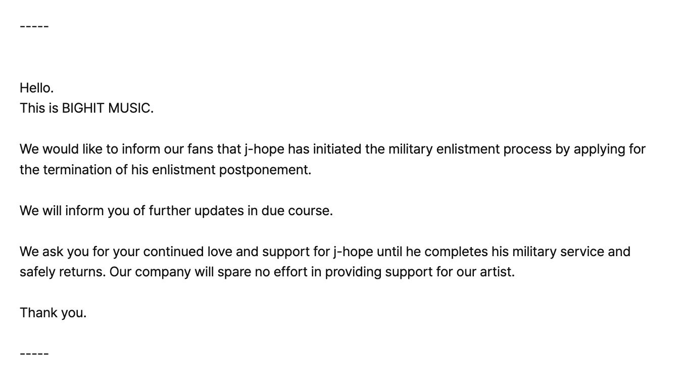 Thông báo của BigHit Music.