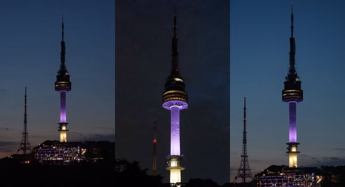 Tháp Namsan nổi bật giữa bầu trời Seoul với sắc tím rực rỡ.