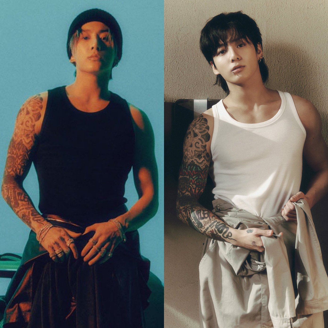 Điểm chung của hai hình ảnh này chính là cả hai lần Jung Kook đều diện bộ jumpsuit đến từ thương hiệu Givenchy.