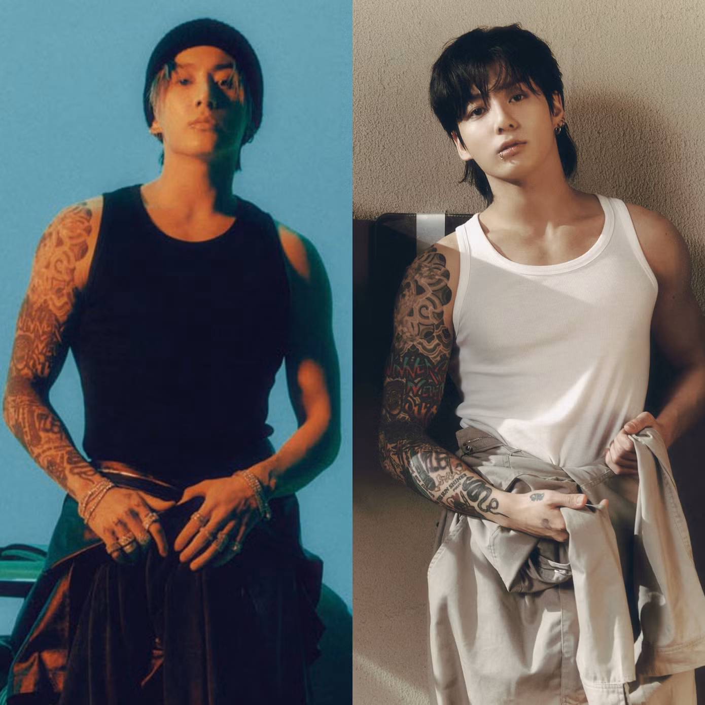 Điểm chung của hai hình ảnh này chính là cả hai lần Jung Kook đều diện bộ jumpsuit đến từ thương hiệu Givenchy.