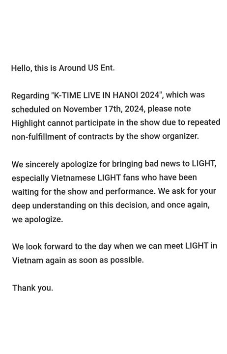 Hôm qua (12/11), công ty chủ quản của HIGHLIGHT thông báo nhóm không thể biểu diễn ở Hà Nội vì &quot;ban tổ chức không thực hiện nghĩa vụ trong hợp đồng&quot;.