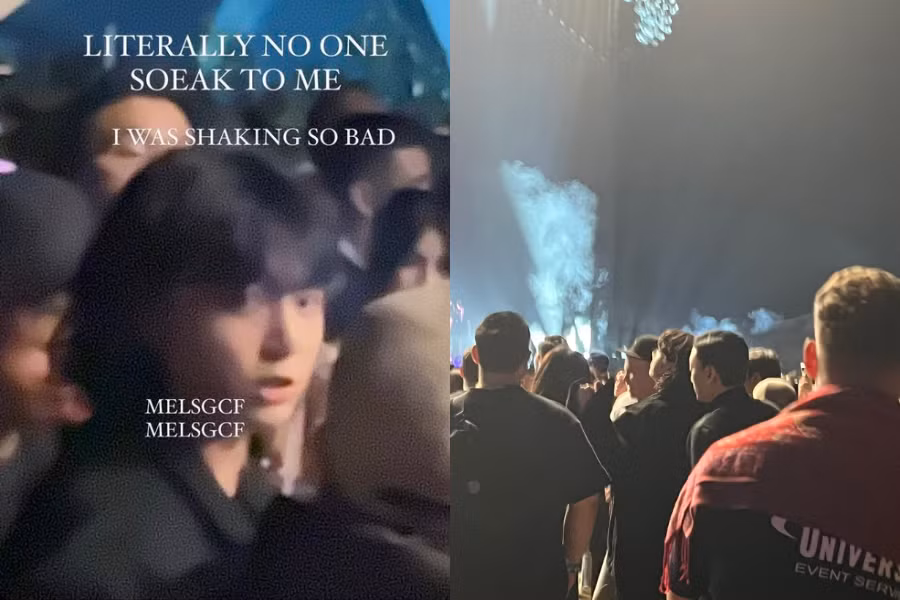 Đến Coachella với tư cách khán giả, Jung Kook vẫn không thoát được trình soi của "camera chạy bằng cơm" mang tên ARMY (fandom của BTS). - Ảnh: Twitter @PeachesMinty
