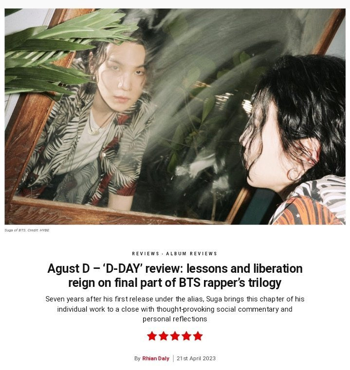 SUGA nhận 5/5 sao từ NME với album solo đầu tay. SUGA nhận 5/5 sao từ NME với album solo đầu tay.