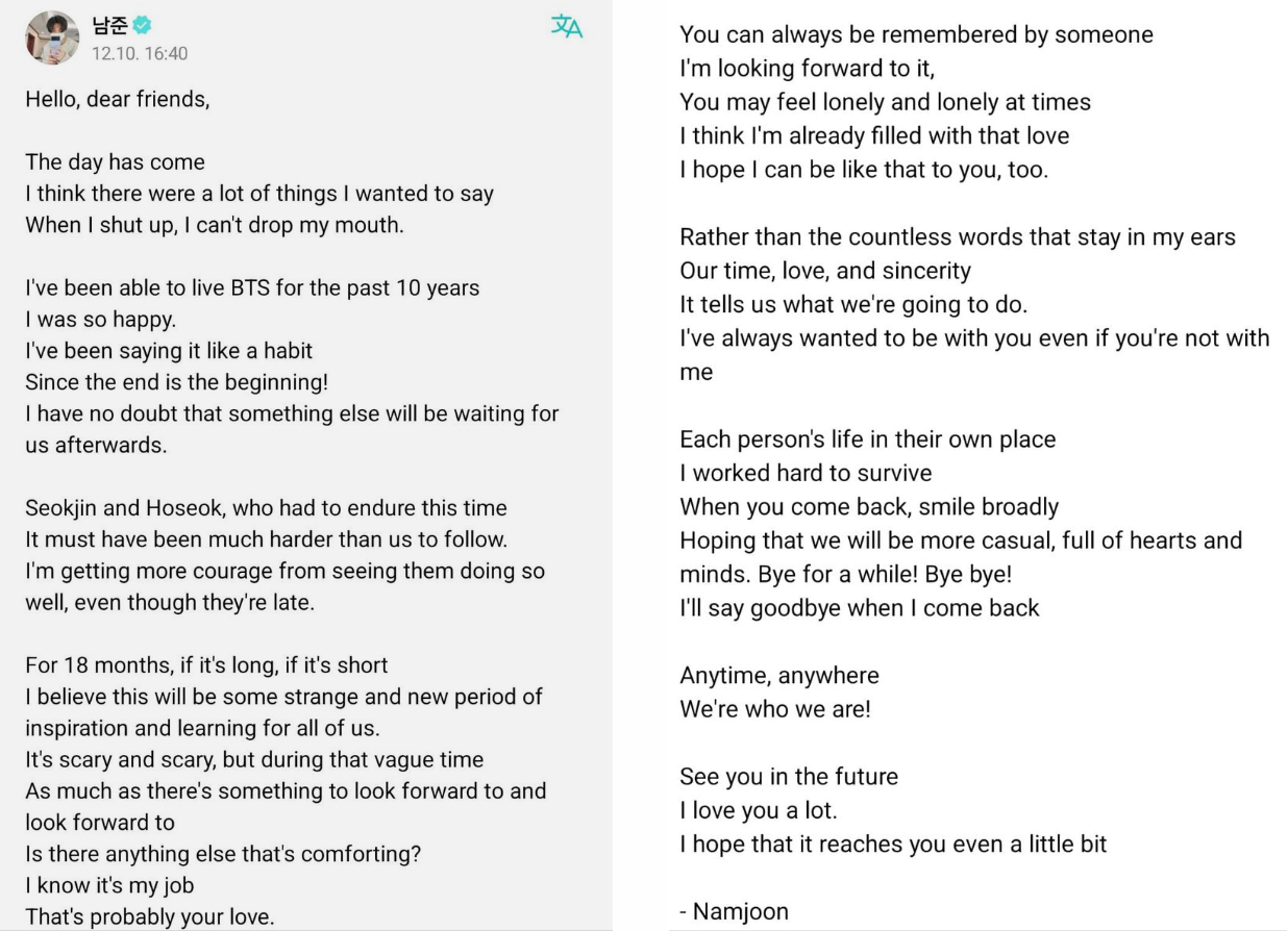 RM mang hết chân thành gửi gắm vào tâm thư dành tặng cho ARMY.