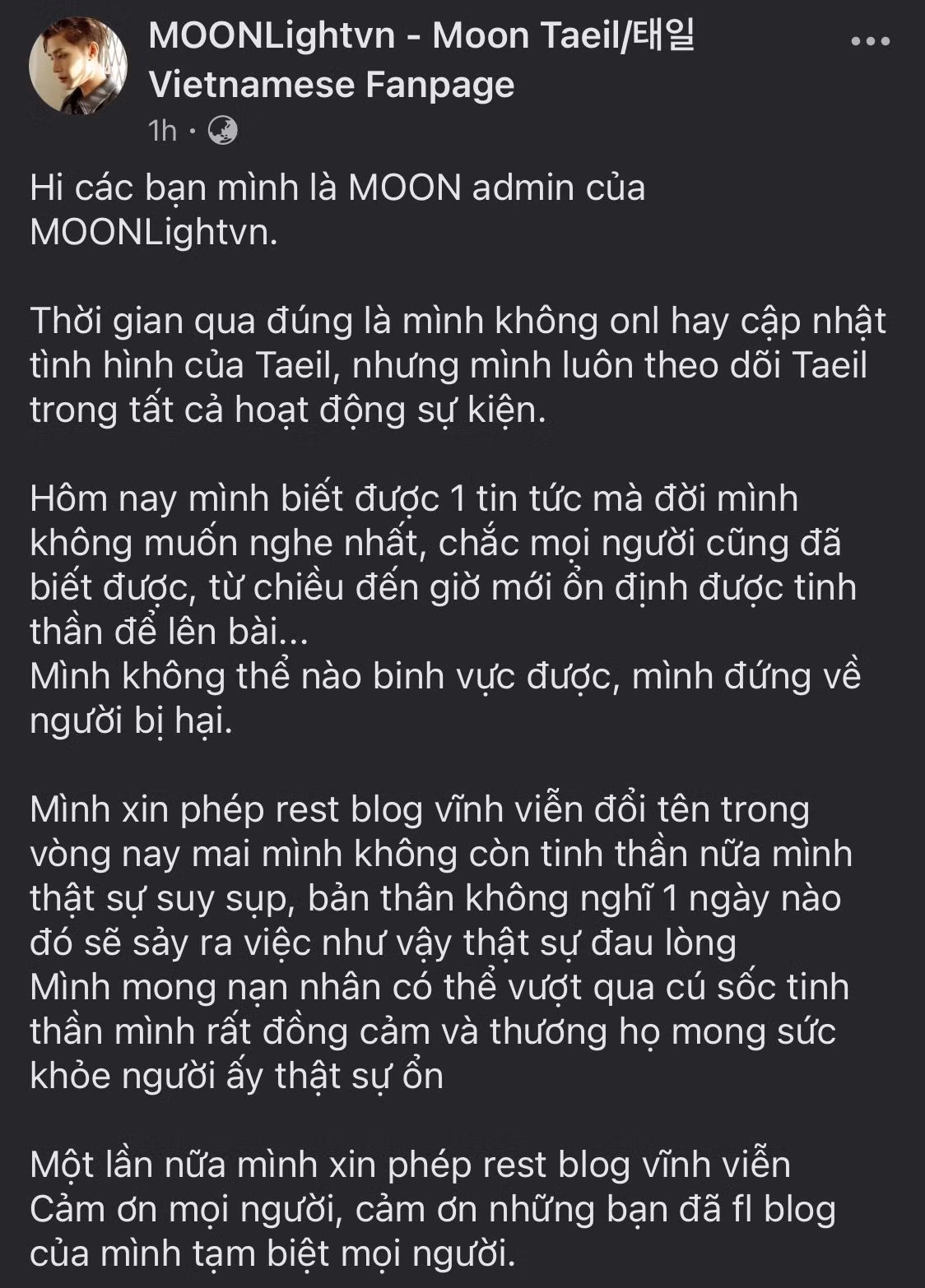 Các fanpage của Moon Taeil tại Việt Nam thông báo đóng cửa, tuyên bố hoàn toàn ủng hộ nạn nhân. Các fanpage của Moon Taeil tại Việt Nam thông báo đóng cửa, tuyên bố hoàn toàn ủng hộ nạn nhân.