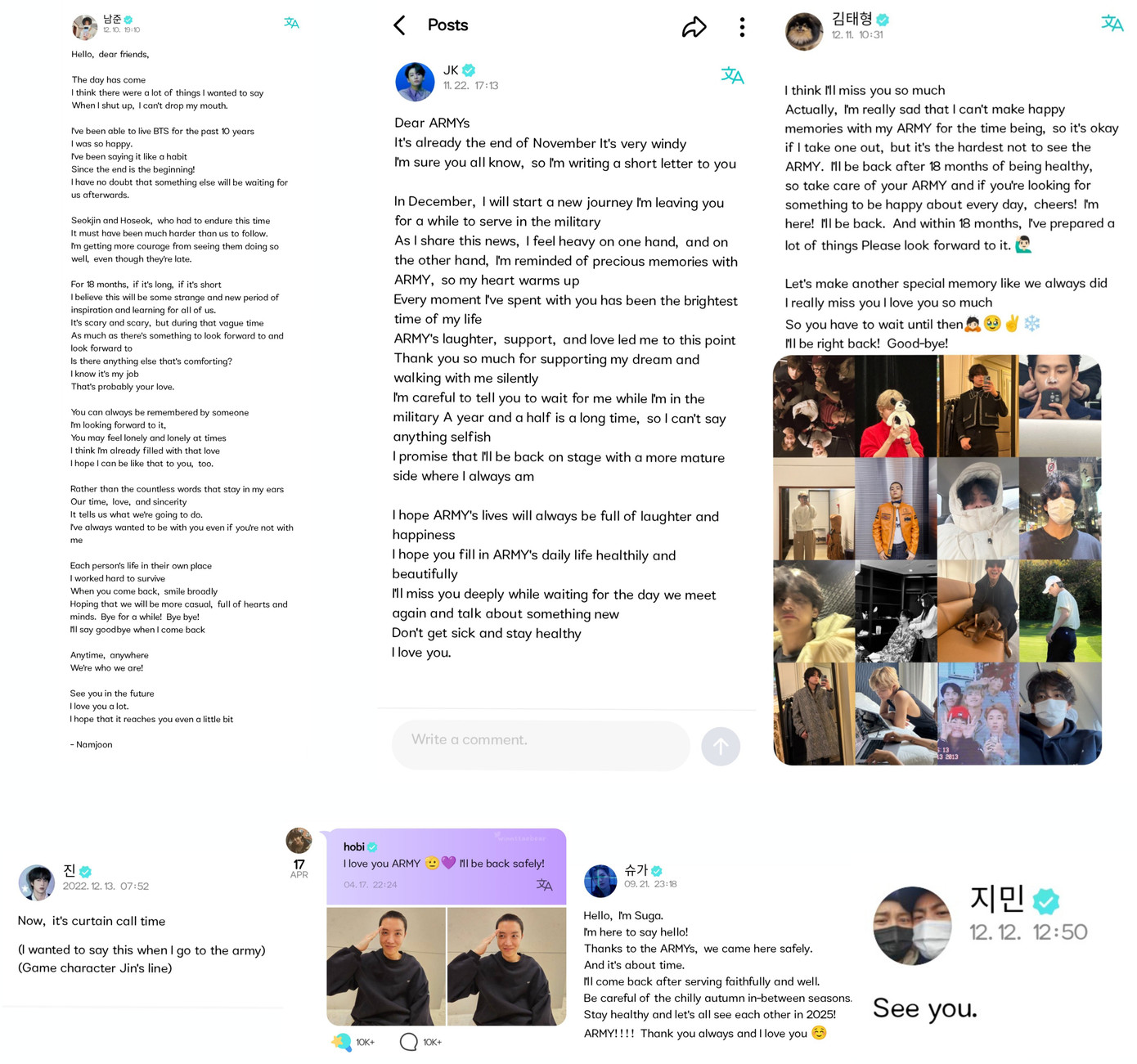 Người hâm mộ xúc động tổng hợp lại các bài viết chia tay của 7 thành viên trước khi nhập ngũ.