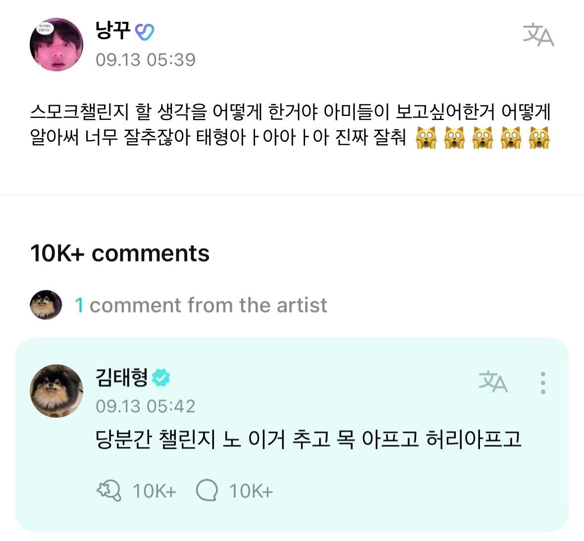 Tuy nhiên sau khi thực hiện xong vũ đạo Smoke thì V đã phải tuyên bố tạm ngưng tham gia challenge vì gặp phải hội chứng "đau lưng mỏi gối tê tay". Tuy nhiên sau khi thực hiện xong vũ đạo Smoke thì V đã phải tuyên bố tạm ngưng tham gia challenge vì gặp phải hội chứng "đau lưng mỏi gối tê tay".