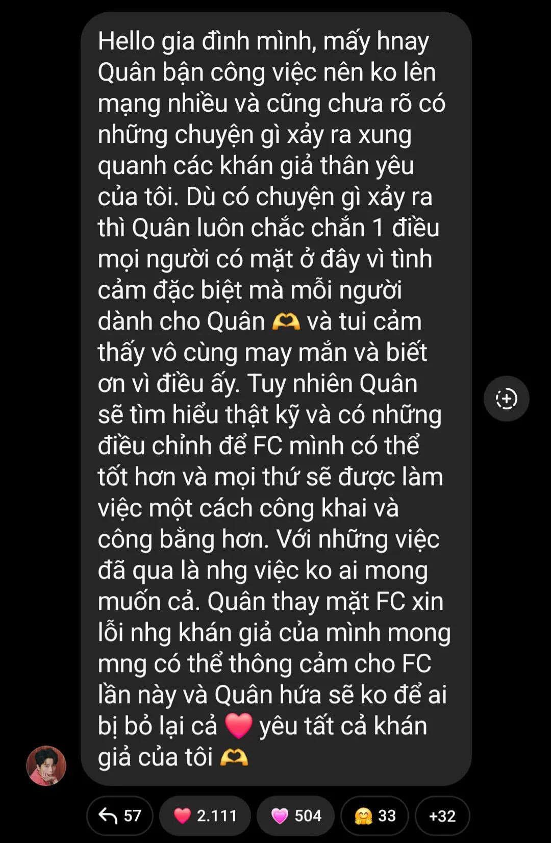 Quân A.P thay mặt FC xin lỗi và trấn an fan.