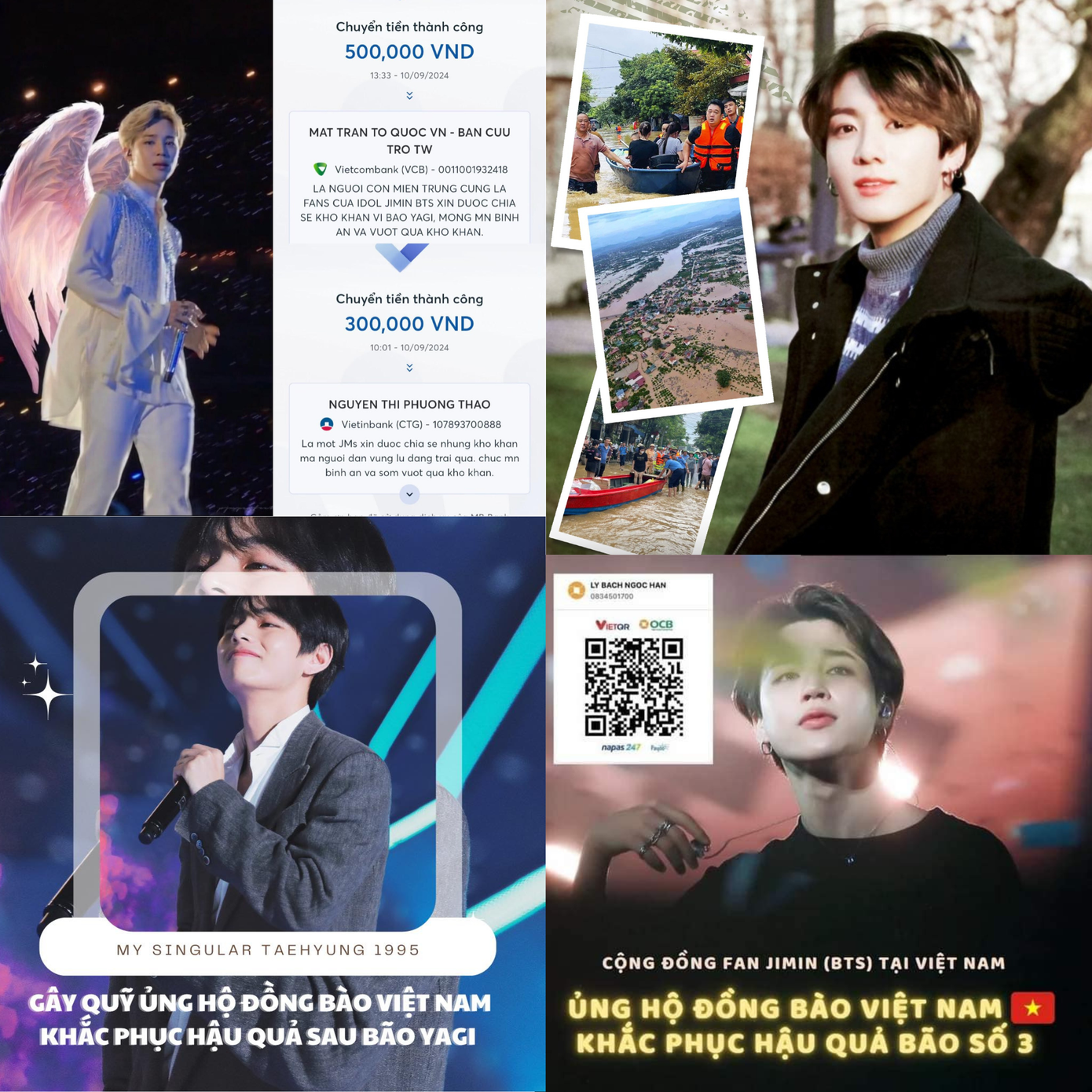 Các fanpage BTS kêu gọi và ủng hộ quỹ khắc phục hậu quả của cơn bão số 3, số tiền hiện đã lên đến hơn 500 triệu đồng. (Nguồn: FB Not a tasteless ratatouille, Jungkook Vietnamese Fanpage, My Singular Taehyung 1995, Thiên Hà Duy Minh).
