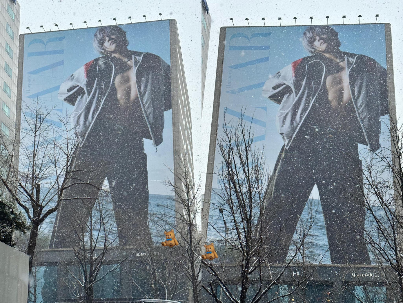 Chiếc Billboard siêu to khổng lồ tại trụ sở Harper&apos;s Bazaar Hàn Quốc, nhưng fan chỉ lo idol bị lạnh dưới trời tuyết.