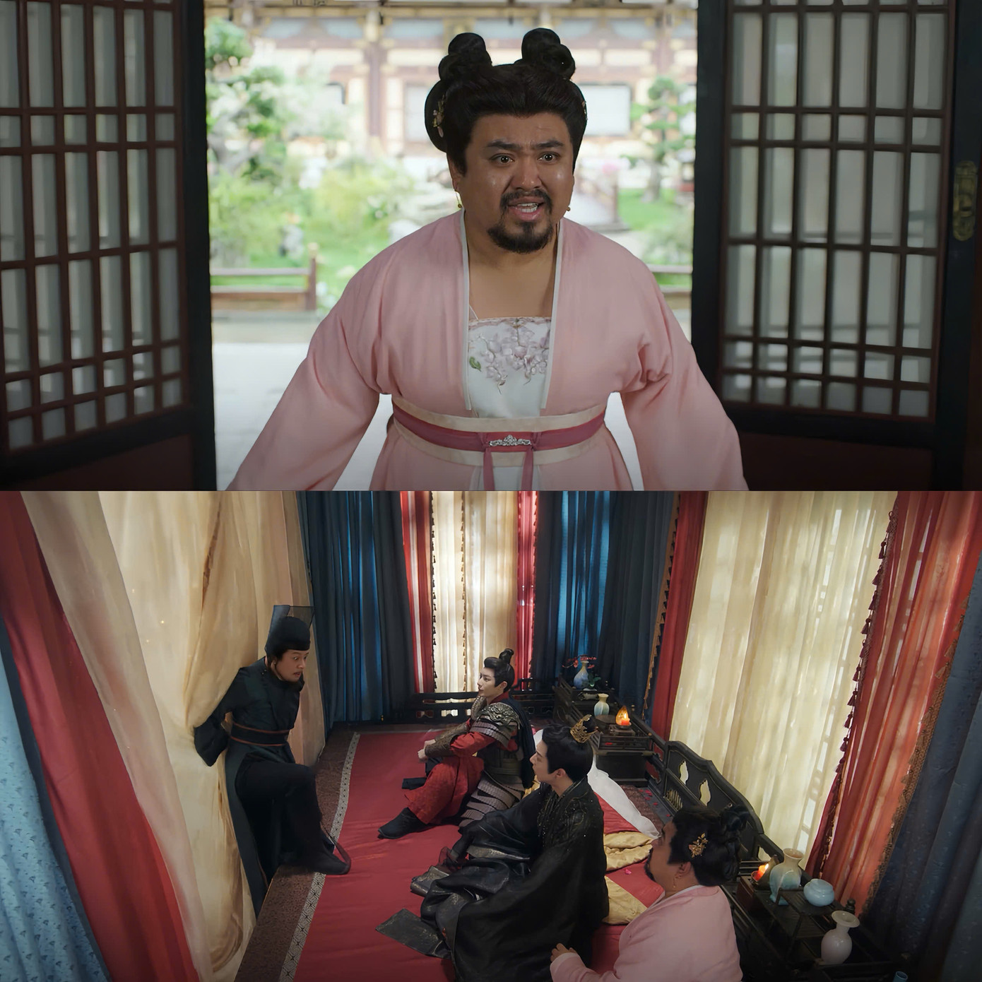 Mất công cải trang rồi giấu giếm, vậy mà cả cung nữ, thị vệ và thái giám "pha ke" vẫn đụng mặt nhau phía sau rèm làm khán giả cười bò. Mất công cải trang rồi giấu giếm, vậy mà cả cung nữ, thị vệ và thái giám "pha ke" vẫn đụng mặt nhau phía sau rèm làm khán giả cười bò.