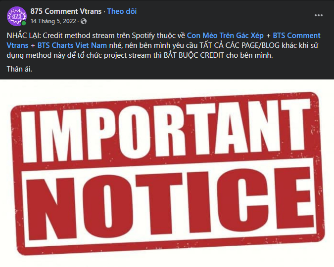 Các trang fan khẳng định phương pháp "đẩy" lượt nghe như trên thuộc về cộng đồng fan BTS từ năm 2022. Các trang fan khẳng định phương pháp "đẩy" lượt nghe như trên thuộc về cộng đồng fan BTS từ năm 2022.