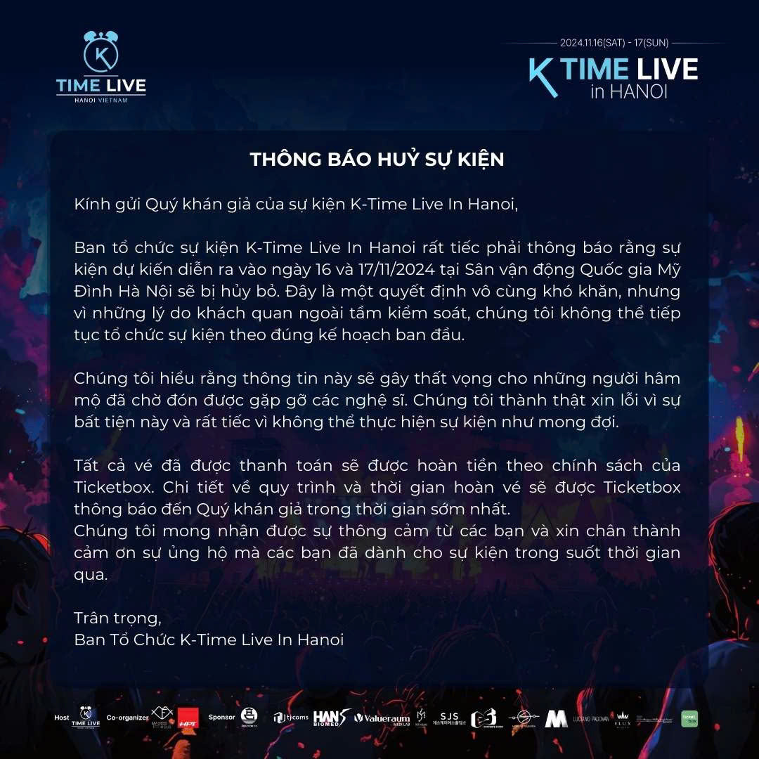 Tiền vé của khán giả đi show K-Time Live sẽ được hoàn lại theo chính sách của nền tảng phân phối Ticketbox.