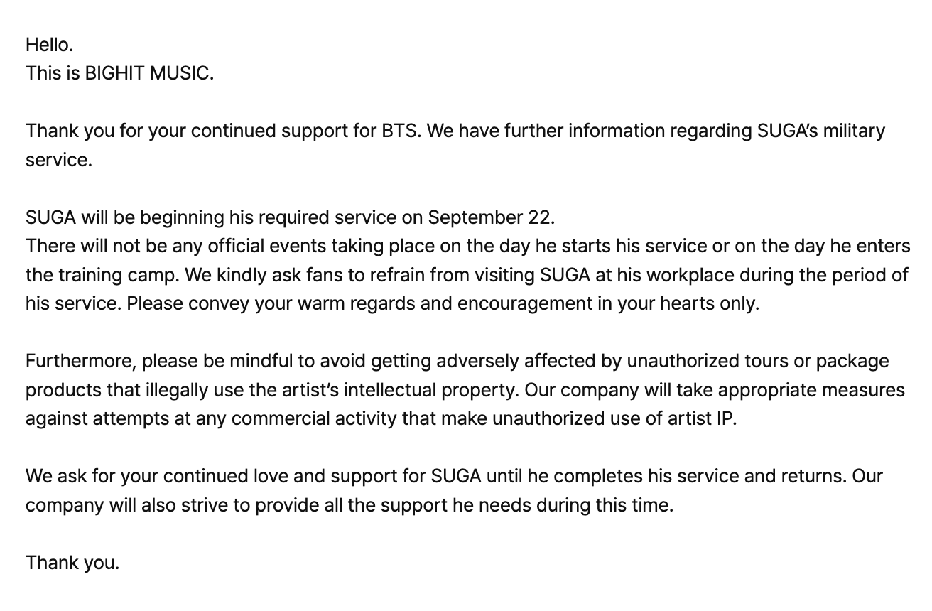 SUGA sẽ lên đường nhập ngũ vào thứ Sáu tuần sau, tức ngày 22/9.