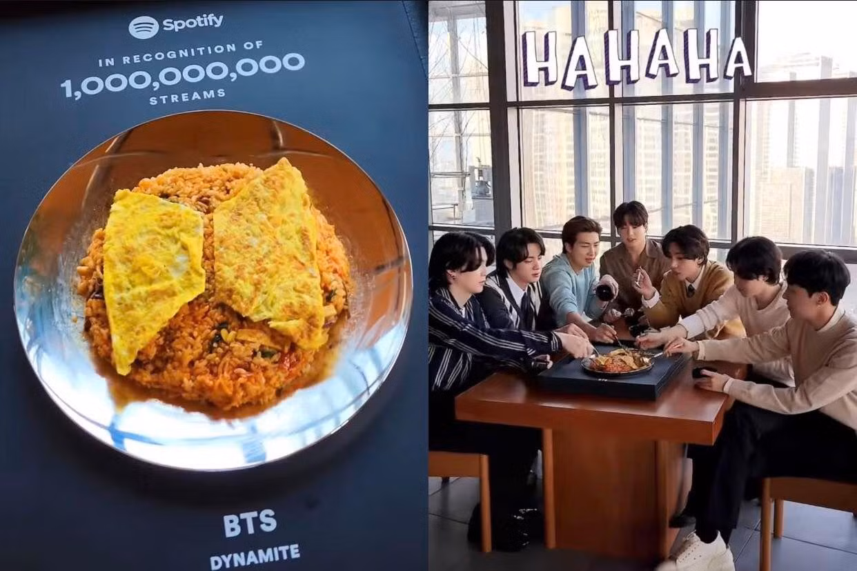 BTS đã cùng nhau có một bữa ăn cơm trộn "đơn điệu" trên chiếc đĩa chứng nhận của Spotify.