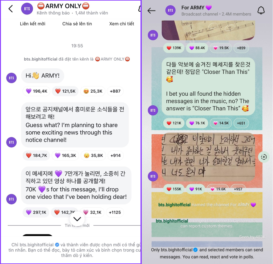 Đáp lại ý kiến của fan, BigHit đã thay đổi tên group trở thành For ARMY cùng với trái tim màu tím thân thương.