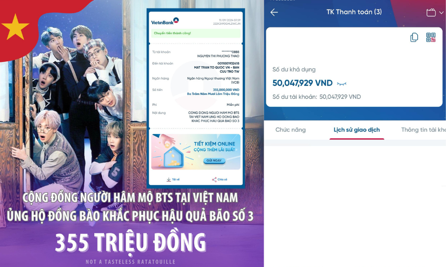 Các fanpage BTS kêu gọi và ủng hộ quỹ khắc phục hậu quả của cơn bão số 3, số tiền hiện đã lên đến hơn 500 triệu đồng. (Nguồn: FB Not a tasteless ratatouille, Jungkook Vietnamese Fanpage, My Singular Taehyung 1995, Thiên Hà Duy Minh).