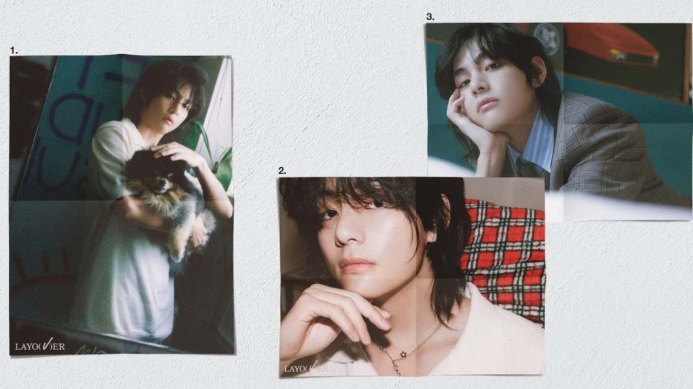 Trong những hình ảnh đầu tiên của album Layover, V gây ấn tượng với kiểu tóc dài lãng tử mang đậm phong cách retro của những năm 70.