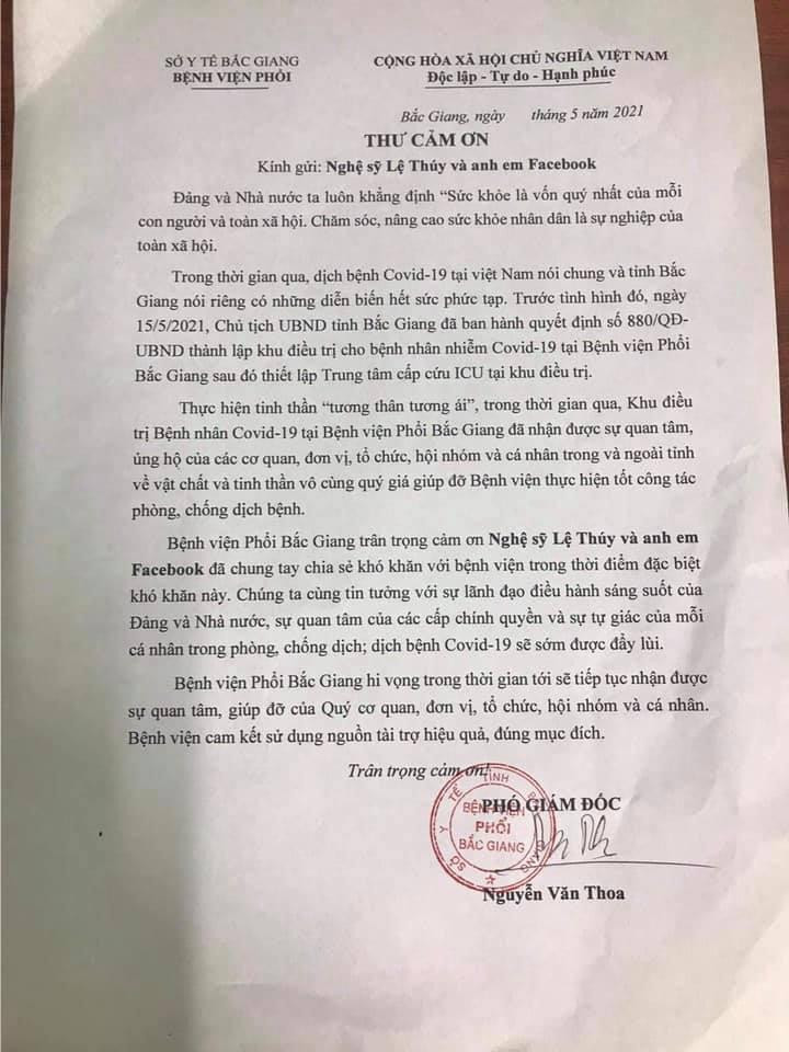Thư cám ơn liền chị Lệ Thúy và anh em Facebok của Phó giám đốc Bệnh viện Phổi Bắc Giang ông Nguyễn Văn Thoa.