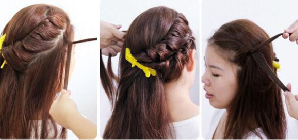 Lấy hai lọn tóc ở bên phải xoắn vào nhau theo hình vòng cung, được một nửa thì dùng kẹp mỏ vịt cố định lại Làm tương tự với phần tóc bên trái. Tháo kẹp mỏ vịt ra và tết hai đuôi tóc lại với nhau. Sau khi tết sau bạn vấn phần đuôi tóc lên chỗ giao nhau của hai lọn tóc và dùng ghim cố định lại. Bạn có thể dùng nơ để che đi phần ghim. Cuối cùng là hất phần tóc thừa sang một bên. Vậy là bạn đã có một kiểu tóc cực nữ tính rồi đấy.