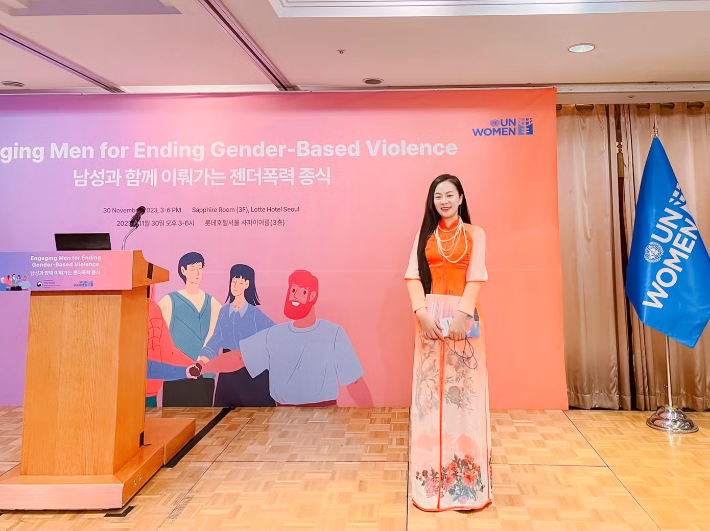 Vũ Thảo Giang trở thành NTK Áo dài đầu tiên của Việt Nam được mời tham dự chương trình UN Women Châu Á - Thái Bình Dương tại Seoul, Hàn Quốc.