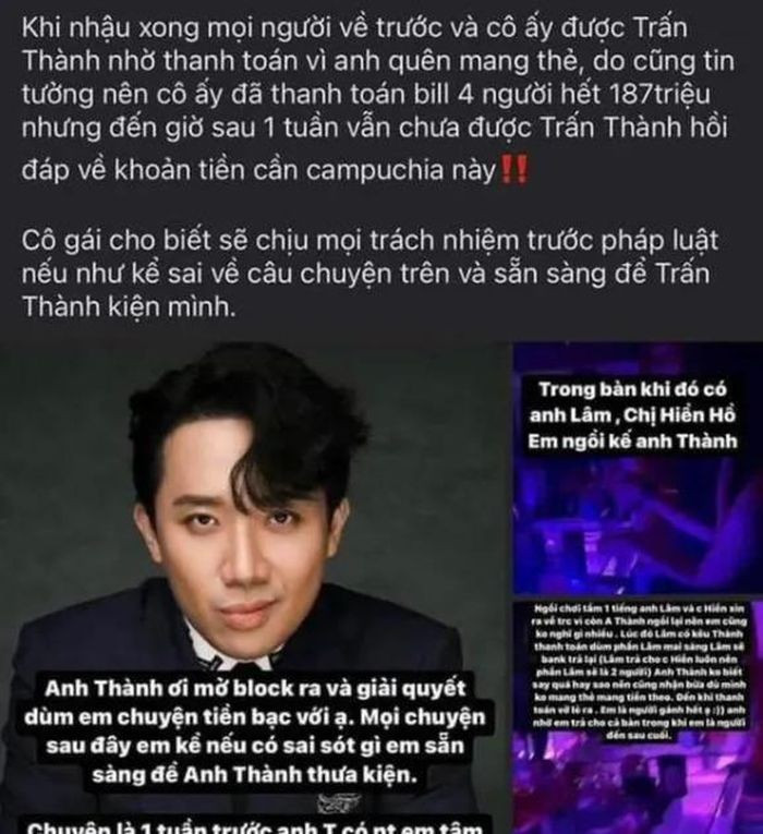 Bài đăng tố Trấn Thành, đang làm "dậy sóng" dư luận. Bài đăng tố Trấn Thành, đang làm "dậy sóng" dư luận.