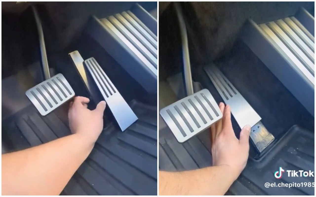 Tấm ốp bàn đạp trên bán tải điện Cybertruck dễ dàng bị dịch chuyển bằng tay.