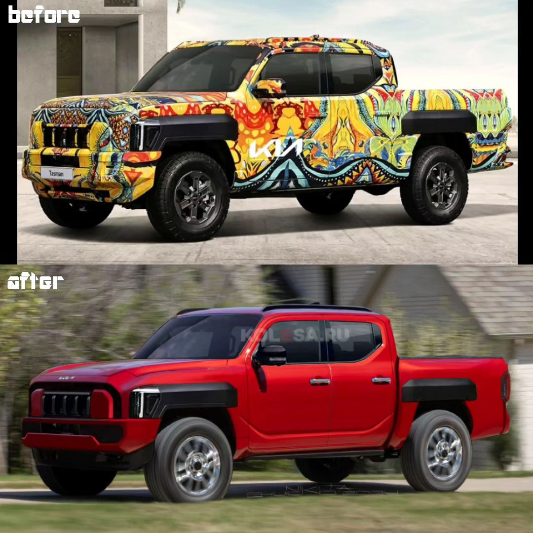 So sánh bản phác họa Kia Tasman của Kelsonik với ảnh concept của hãng công bố và ảnh rò rỉ.