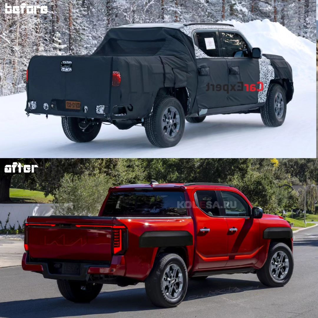 So sánh bản phác họa Kia Tasman của Kelsonik với ảnh concept của hãng công bố và ảnh rò rỉ.