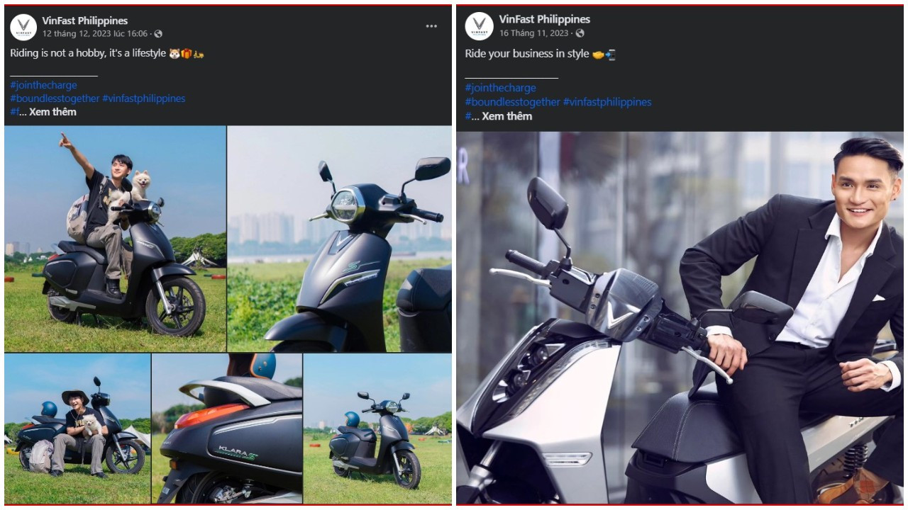 Một số bài đăng về xe máy điện trên trang Facebook VinFast Philippines - Ảnh chụp màn hình.