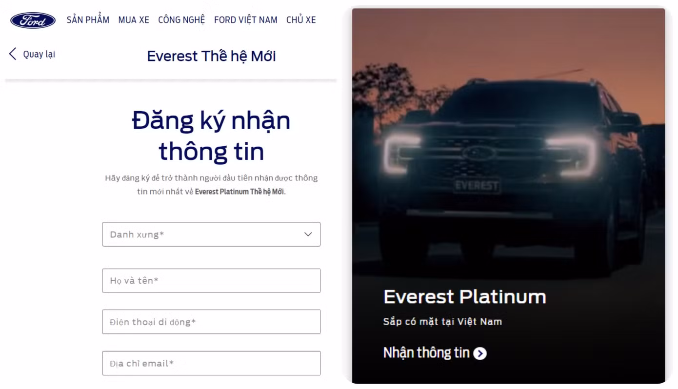 Trang chủ của Ford xác nhận mẫu xe Everest Platinum sắp có mặt tại Việt Nam.