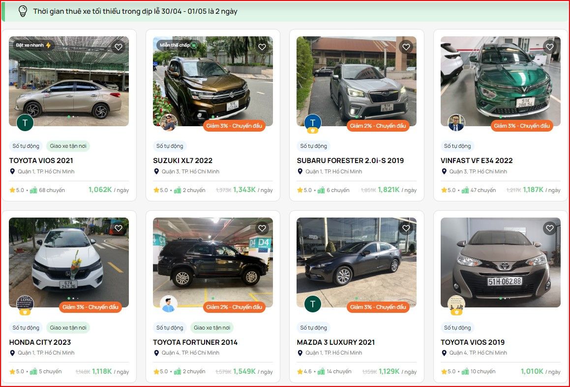 Giá thuê một số mẫu xe dịp nghỉ lễ 30/4-1/5 tại một ứng dụng thuê xe. Giá thuê một số mẫu xe dịp nghỉ lễ 30/4-1/5 tại một ứng dụng thuê xe.