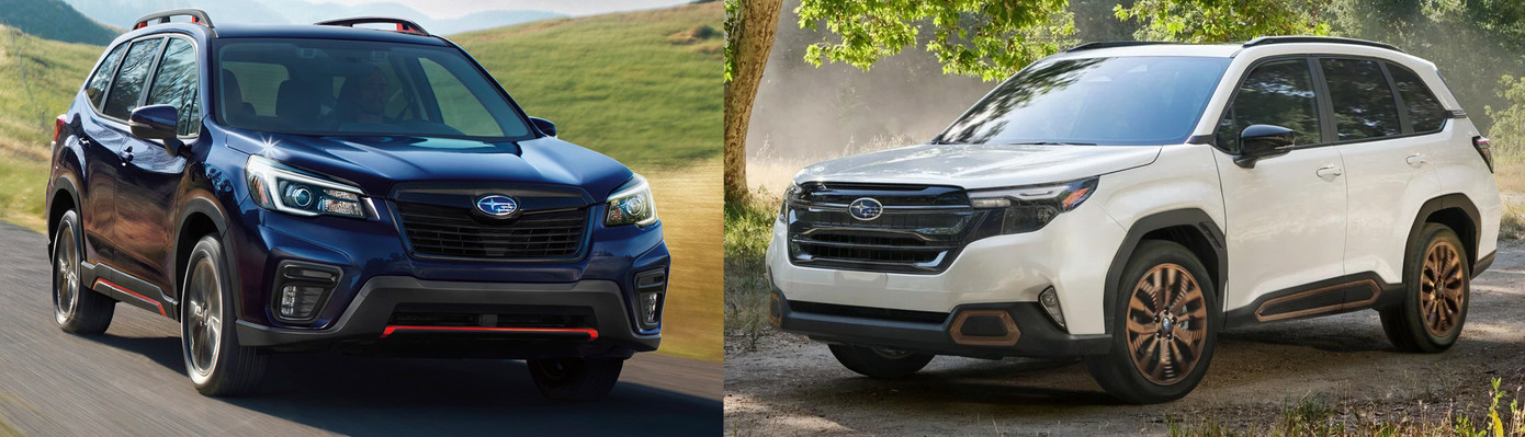 Subaru Forester thế hệ mới (phải) được tạo hình vuông vức hơn so với bản tiền nhiệm.