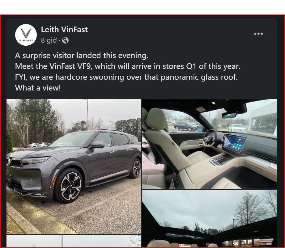Nhà phân phối Leith VinFast xác nhận mẫu xe VF 9 sẽ cập bến các cửa hàng trong mùa xuân 2024. Nhà phân phối Leith VinFast xác nhận mẫu xe VF 9 sẽ cập bến các cửa hàng trong mùa xuân 2024.