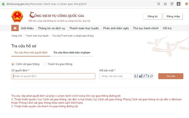 Giao diện trang chủ để người dân tra cứu thông tin và nộp phạt vi phạm giao thông trực tuyến trên Cổng DVCQG.