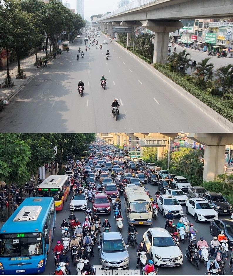 Đường Nguyễn Trãi rộng 5 làn xe mỗi bên, nhưng giờ cao điểm sáng mấy ngày qua chỉ lác đác người và phương tiện di chuyển (ảnh trên), trong khi đó cách đây 2 tháng, cùng thời gian trên, lòng đường nêm kín phương tiện như bãi xe di động (ảnh dưới). Đường Nguyễn Trãi rộng 5 làn xe mỗi bên, nhưng giờ cao điểm sáng mấy ngày qua chỉ lác đác người và phương tiện di chuyển (ảnh trên), trong khi đó cách đây 2 tháng, cùng thời gian trên, lòng đường nêm kín phương tiện như bãi xe di động (ảnh dưới).