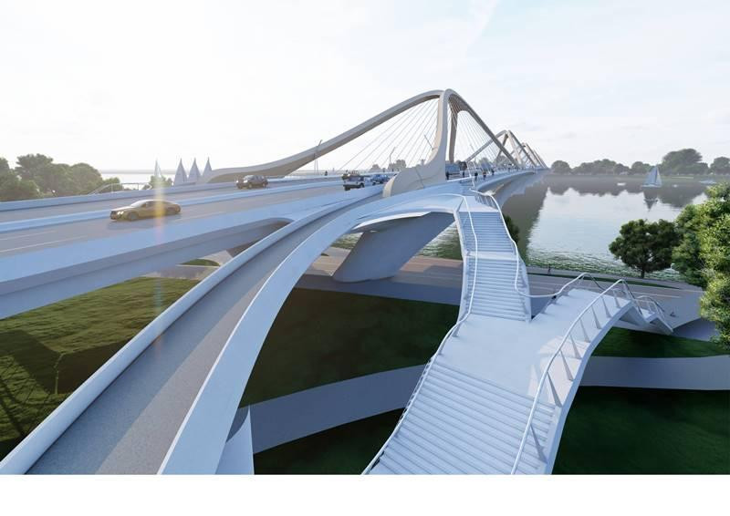 Phương án có mã số THĐ 12 đoạt giải Nhất cuộc thi tuyển phương án kiến trúc cầu Trần Hưng Đạo. Ảnh: Trọng Đảng