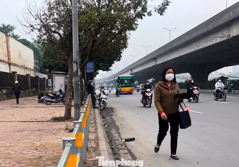 Do có hàng rào ngăn cách, lối tiếp cận vỉa hè nhỏ, xa nên nhiều người đi bộ trên đường Phạm Hùng những ngày qua đã đi dưới lòng đường.