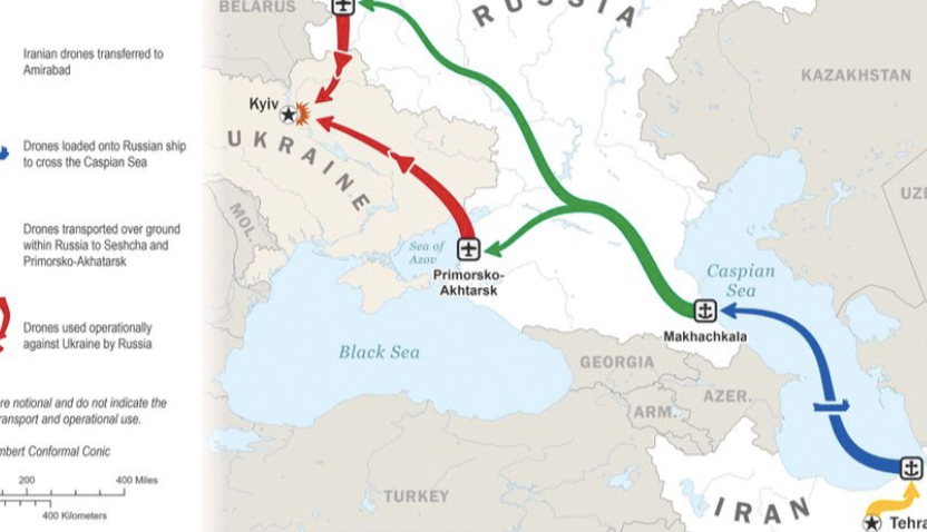 Bản đồ đường đi mà Mỹ nói rằng các UAV Iran được chuyển đến Nga. Bản đồ đường đi mà Mỹ nói rằng các UAV Iran được chuyển đến Nga.