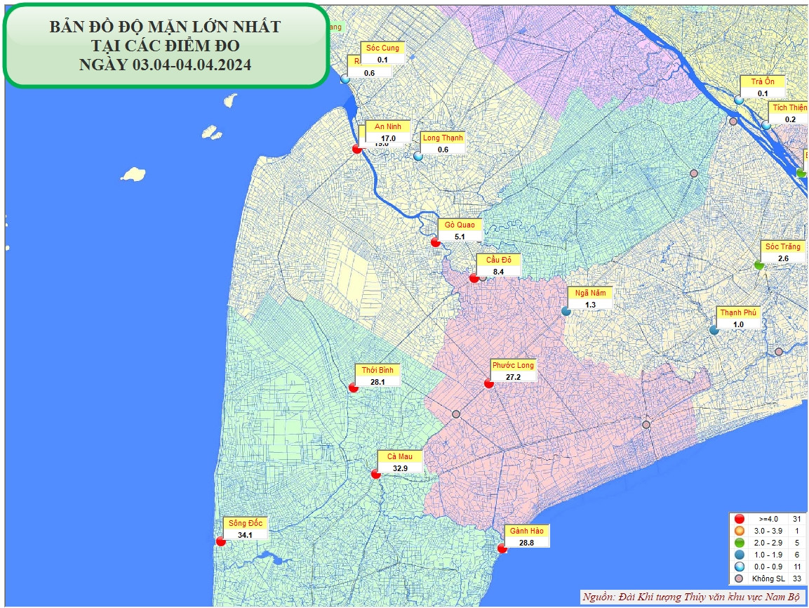 Bản đồ chi tiết độ mặn lớn nhất tại các điểm đo khu vực các sông ở Nam bộ. Nguồn: Đài Khí tượng Thủy văn khu vực Nam bộ. Bản đồ chi tiết độ mặn lớn nhất tại các điểm đo khu vực các sông ở Nam bộ. Nguồn: Đài Khí tượng Thủy văn khu vực Nam bộ.