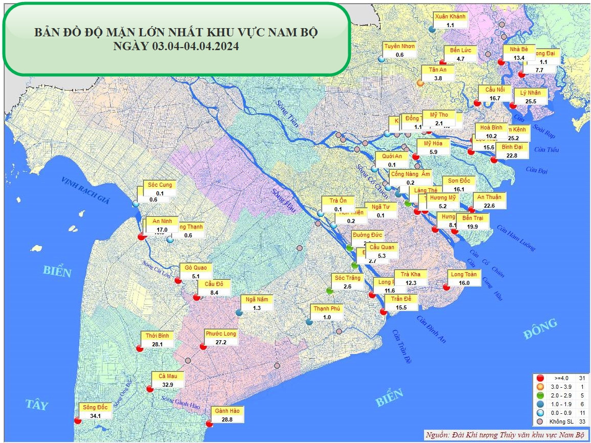 Bản đồ độ mặn lớn nhất khu vực Nam bộ ngày 3-4/4. Nguồn: Đài Khí tượng Thủy văn khu vực Nam bộ Bản đồ độ mặn lớn nhất khu vực Nam bộ ngày 3-4/4. Nguồn: Đài Khí tượng Thủy văn khu vực Nam bộ