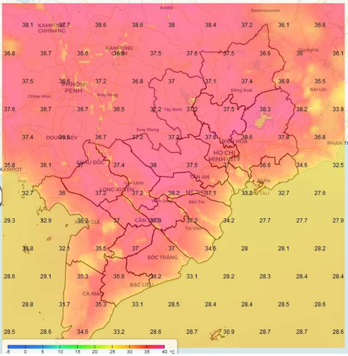 Bản đồ dự báo nhiệt độ cao nhất lúc 14h ngày hôm nay 8/4. Nguồn: Đài Khí tượng Thủy văn khu vực Nam bộ