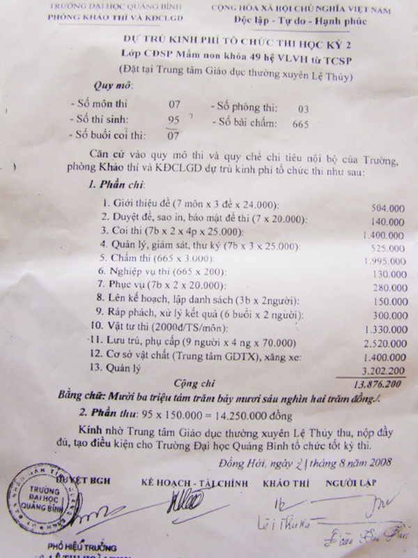 Thông báo thu tiền sai quy định do bà Lê Thị Hoài Thu –Phó hiệu trưởng Đại học Quảng Bình ký